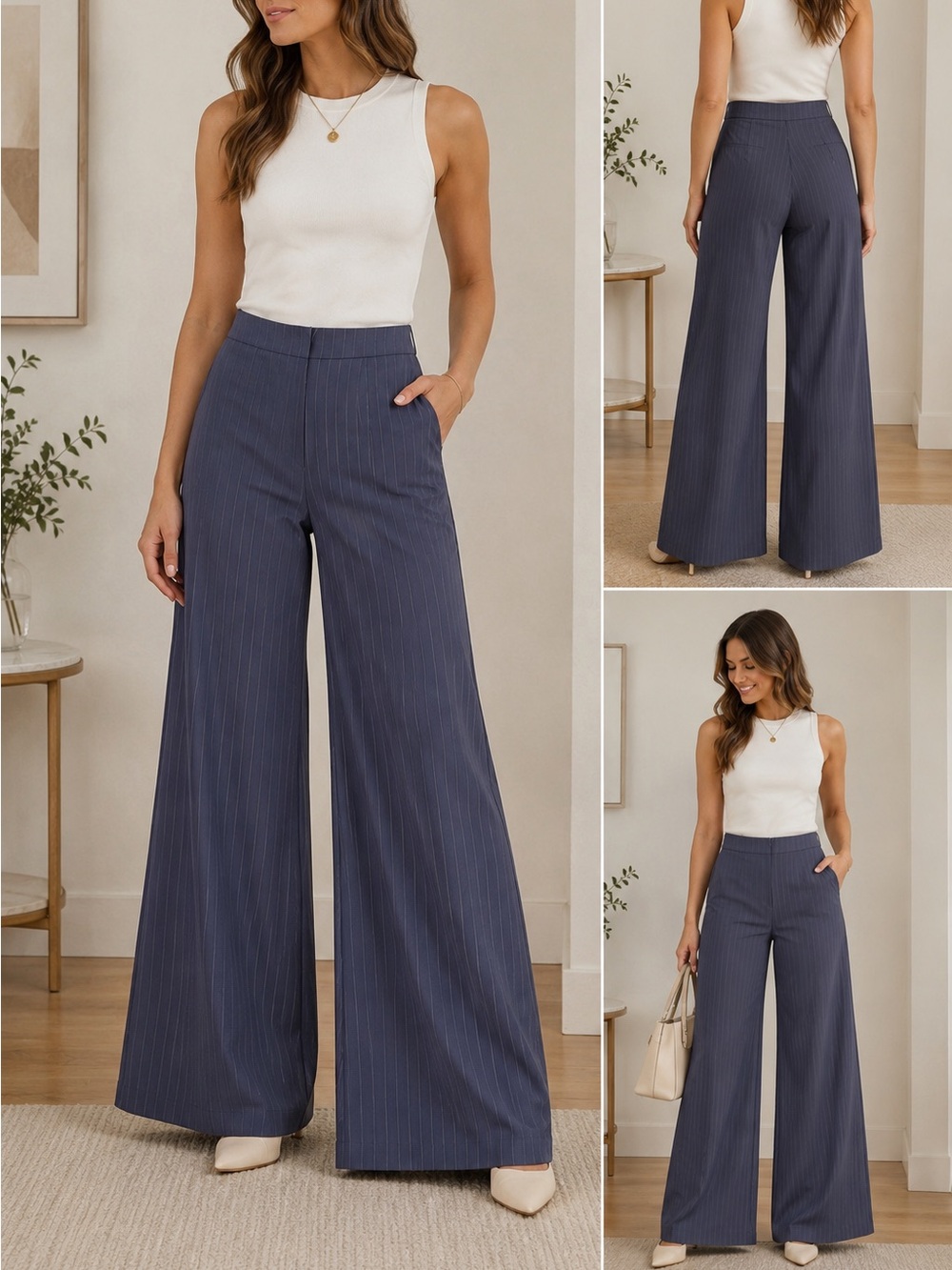 Billie The Label Pinstripe High Rise Wide Leg Pants Small